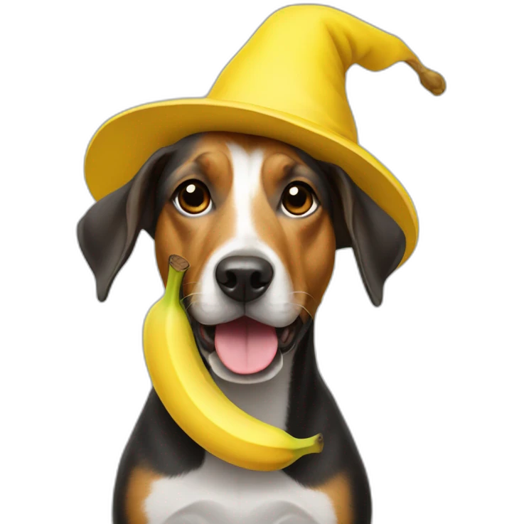 Dog wearing a banana hat emoji