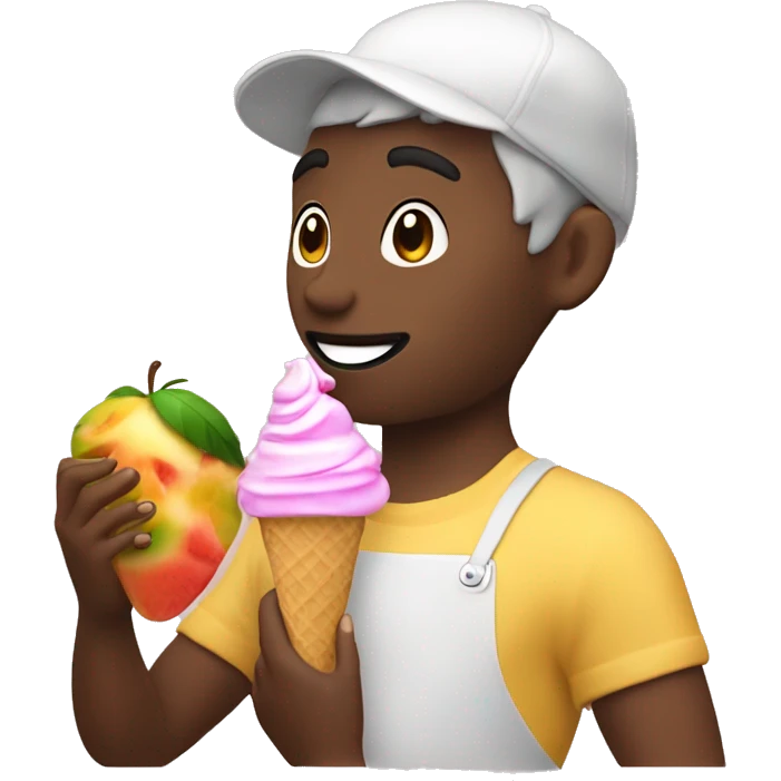persona sosteniendo en una mano una fruta y en la otra un helado emoji