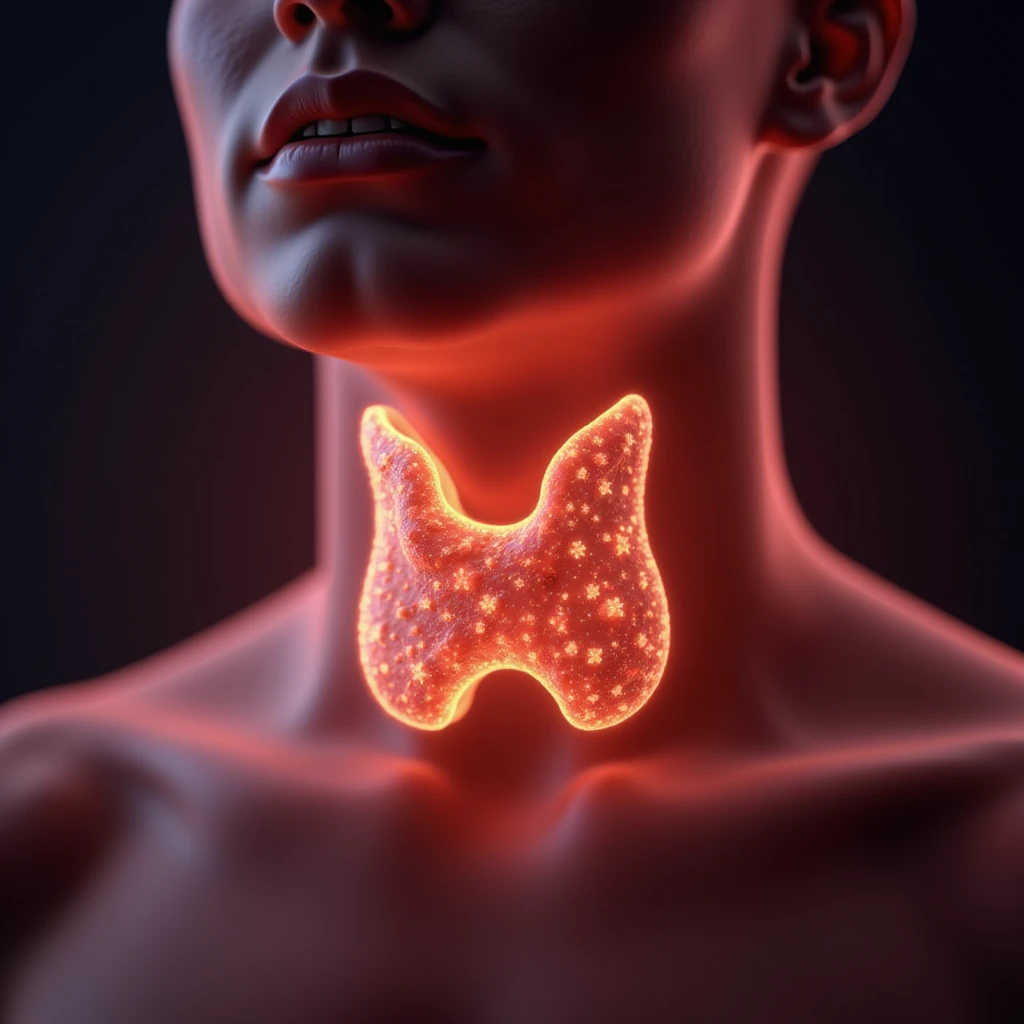 Conceptual educational illustration of stylized human thyroid releasing T3 and T4 hormones represented as glowing particles spreading in the blood, 4K resolution emoji