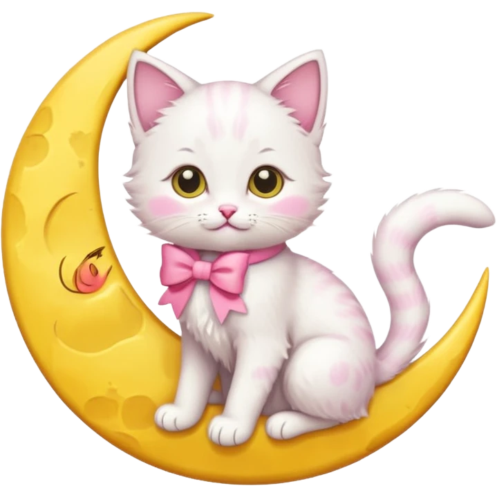 cute kitten with pink bow sitting on yellow moon emoji