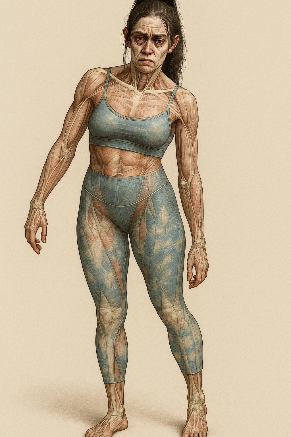 A woman in sportswear with an asymmetric posture, in a medical realistic style showing visible muscles and bones. The expression shows strong chronic stress signs including a tense face, dark circles under the eyes, and muscle tension. The background is neutral and the format is vertical. emoji