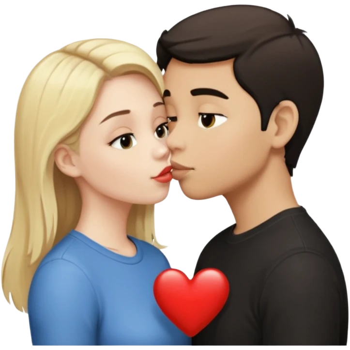 Una chica de piel blanca de pelo rubio besando a un chico de pelo negro de piel morena clara  emoji