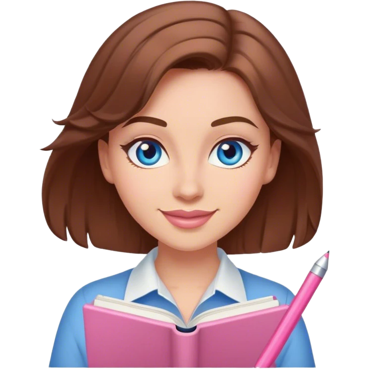 female writer happy, brown hair and blue eyes writing a light pink romance novel emoji