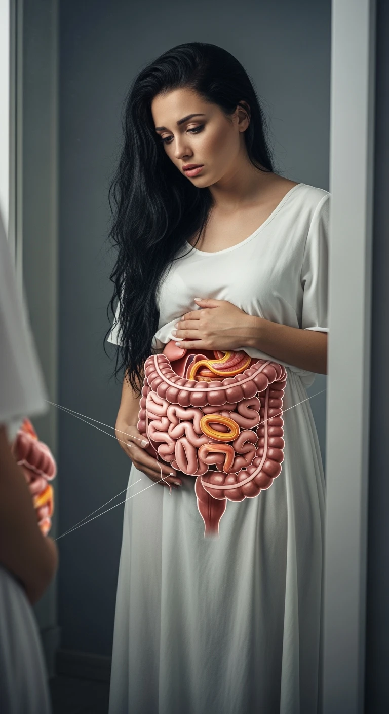 donna che si guarda allo specchio tenendosi la mano sulla pancia gonfia con espressione triste in volto, intestino umano anatomico in evidenza emoji