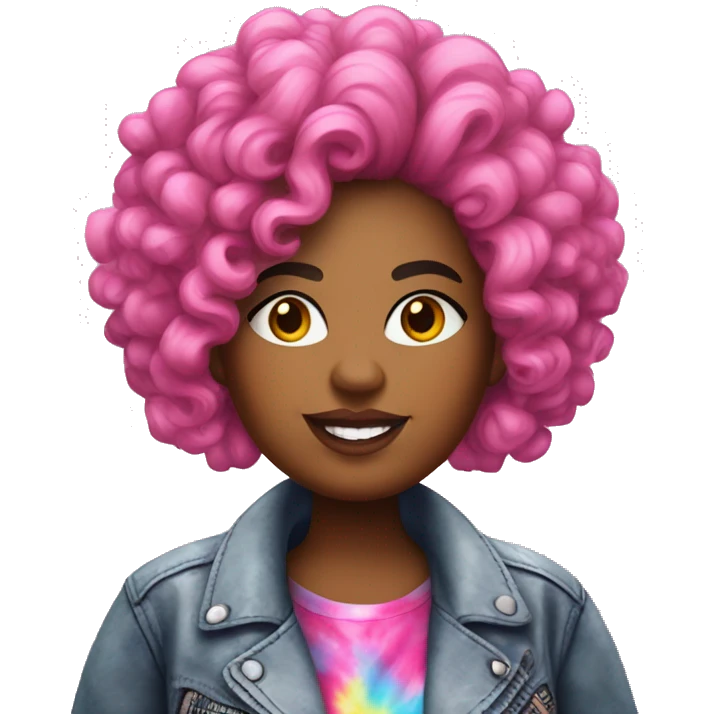 Plus size black woman with pink curly hair and a tie dye biker jacket  emoji