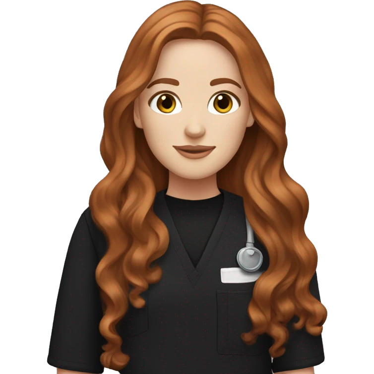 white girl. long wavy auburn hair. Black Scrubs.  emoji