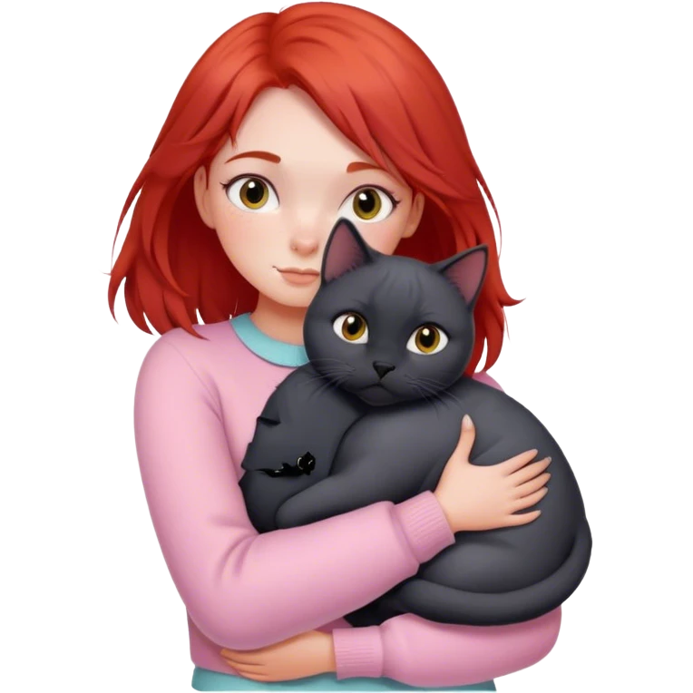 
a girl with red hair in pastel clothes hugs a black British cat emoji