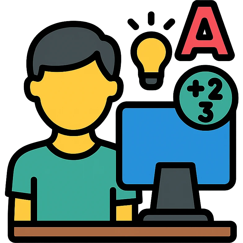 student at a computer with educational symbols emoji