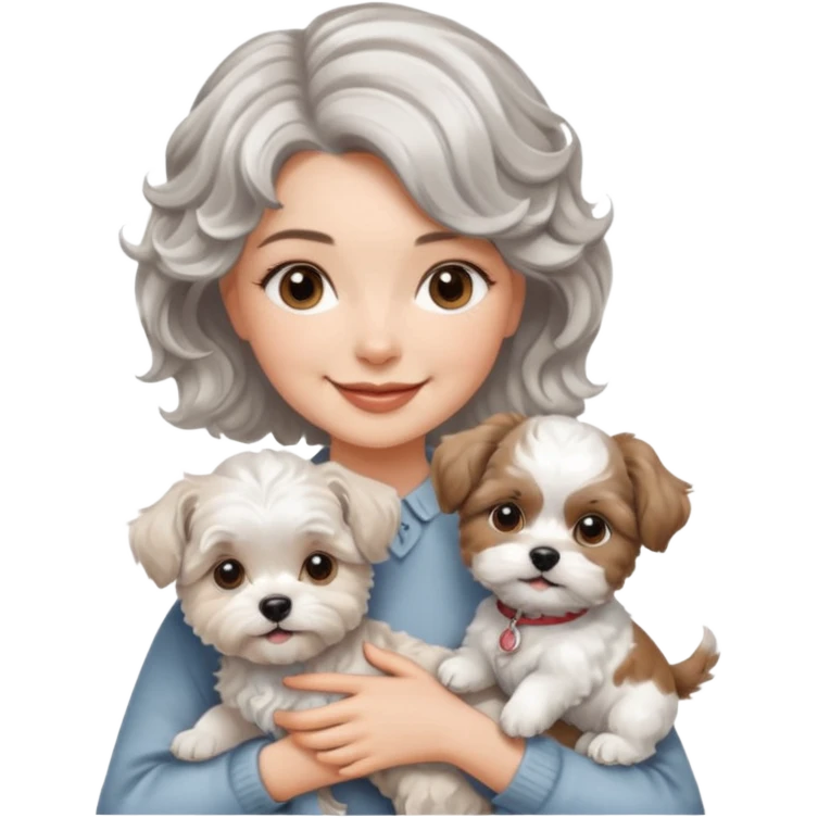 silver, short, wavy-haired with loose curls, smiling pretty lady holding a westie terrier dog and a shih tzu dog emoji