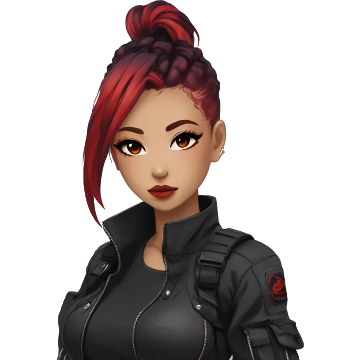 Gorgeous techwear anime style lady with blushing face aesthetic and pretty edgy black red punk hair with hair garment trending style emoji