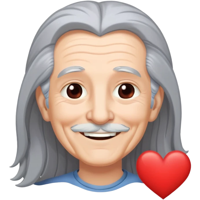 Smiling elderly me with long gray hair and heart thought bubble emoji