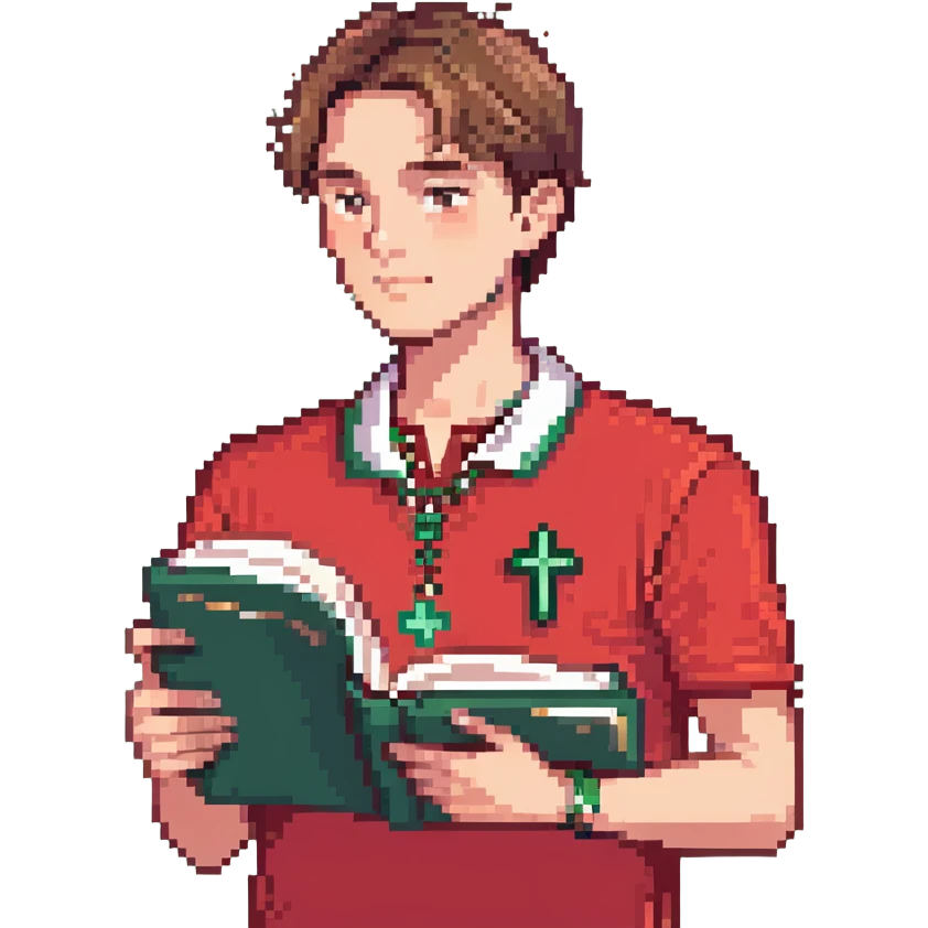 man with clean haircut, wearing a red polo shirt and cross necklace, holding a book emoji