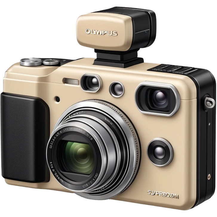 Olympus Superzoom 70G camera, beige color, vintage compact point and shoot camera with distinctive rectangular body, small viewfinder, protruding flash unit on top, and the exact silhouette of Olympus Superzoom 70G with its characteristic shape emoji