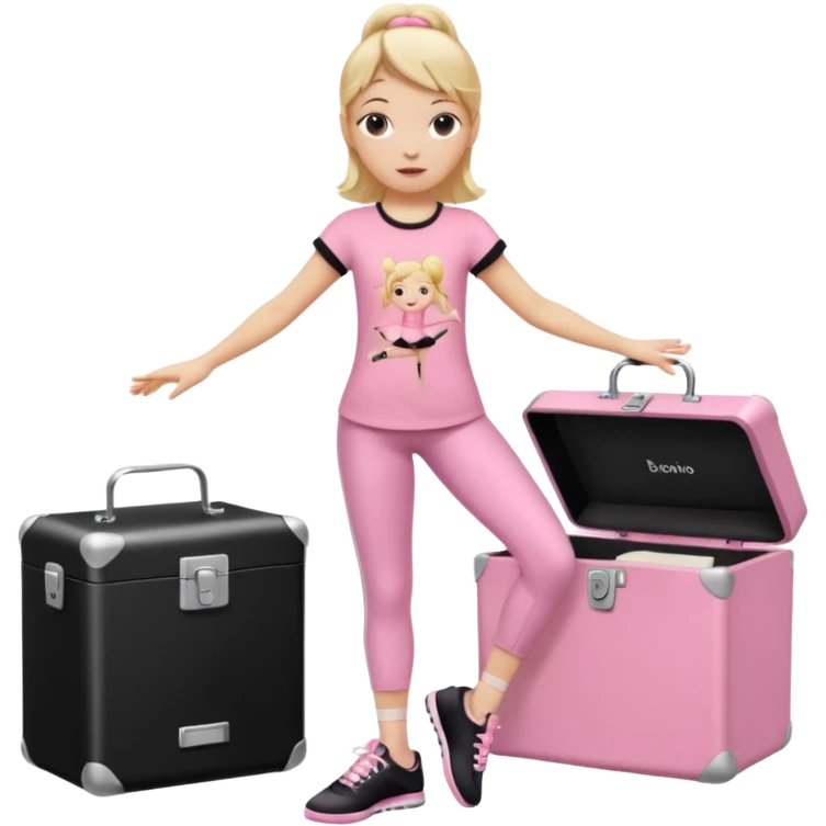 Hiphop dancer, with cute big pants, sneakers, and t-shirt. White girl blond. Coloufull shirt. No pocket pants. Dancing. Pink and black plain outfit. No sweatbands on the wrist, black music box behind her. Ballerina pose. The third on is amazing. With nothing on the shirt emoji