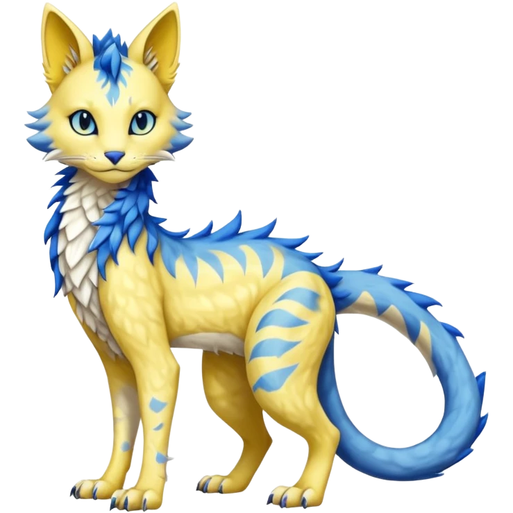 Kawaii yellow and blue beautiful pretty elegant divine edgy fantasy feline-vernid-sergal-fursona animal creature with a tufted tail full body with intricate markings  emoji