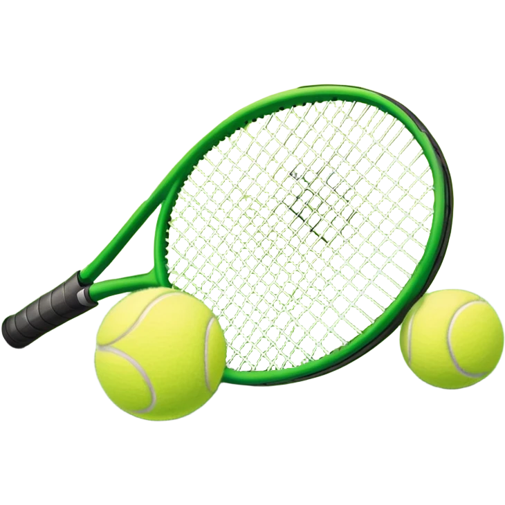 A tennis racket and ball positioned on a grass court, with the net and lines clearly visible in the background. The scene emphasizes the classic elements of the sport, capturing the energy and precision of a tennis match. emoji