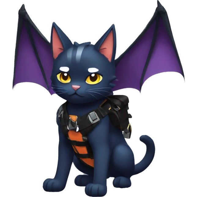 Cool Edgy Litten-Nargacuga-Cat with black bat-wing-ears with a harness full body emoji