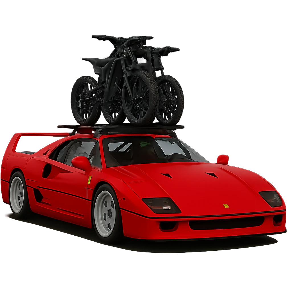 Make the two Sur-Ron electric bikes on the roof rack much smaller in proportion to the realistic Ferrari F40. Keep the background transparent. emoji