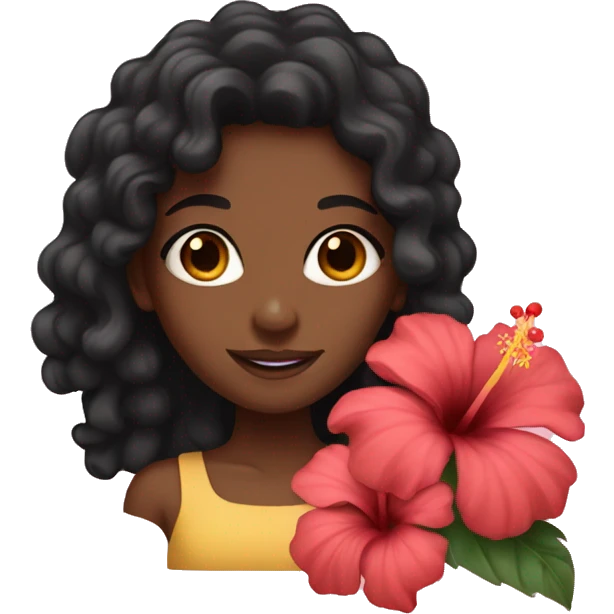 Girl with brown skin with black curly hair holding hibiscus flowers emoji