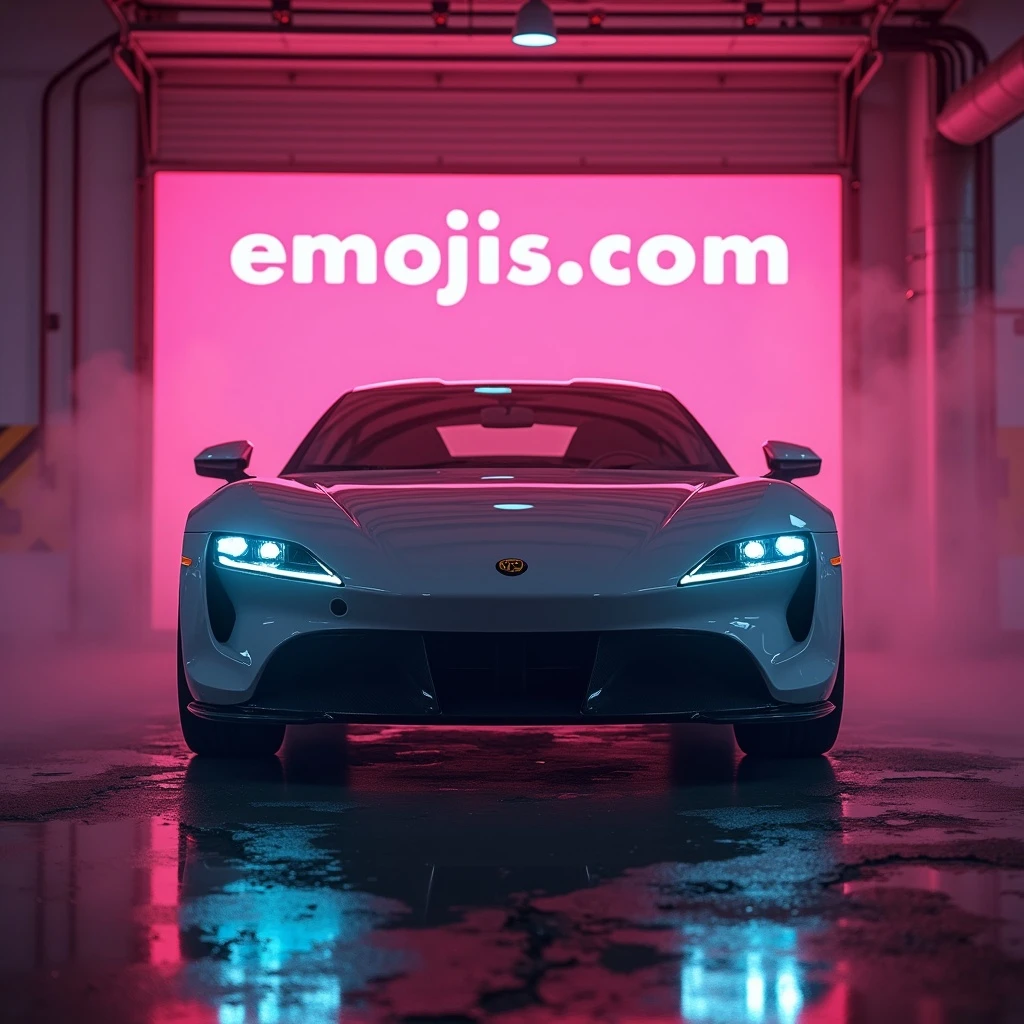 Cinematic still of a futuristic car parked front to camera inside neon garage with led behind saying "emojis.com", room fill with haze, very detailed and futuristic ,inspired by cyberpunk 2077 emoji