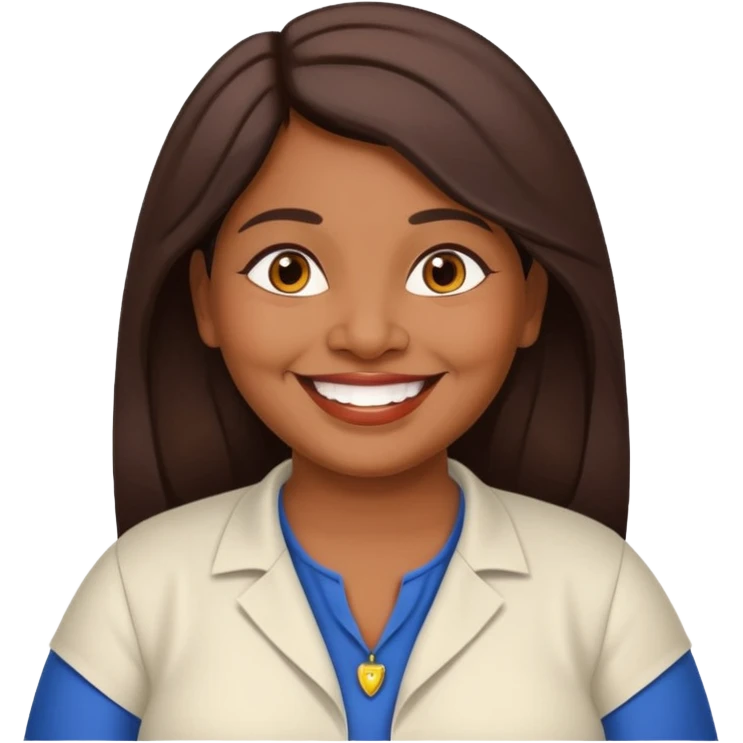 50 yr old chubby Sri Lankan woman, dark skin, straight brown hair, big smile, white teeth, european clothes, hair emoji