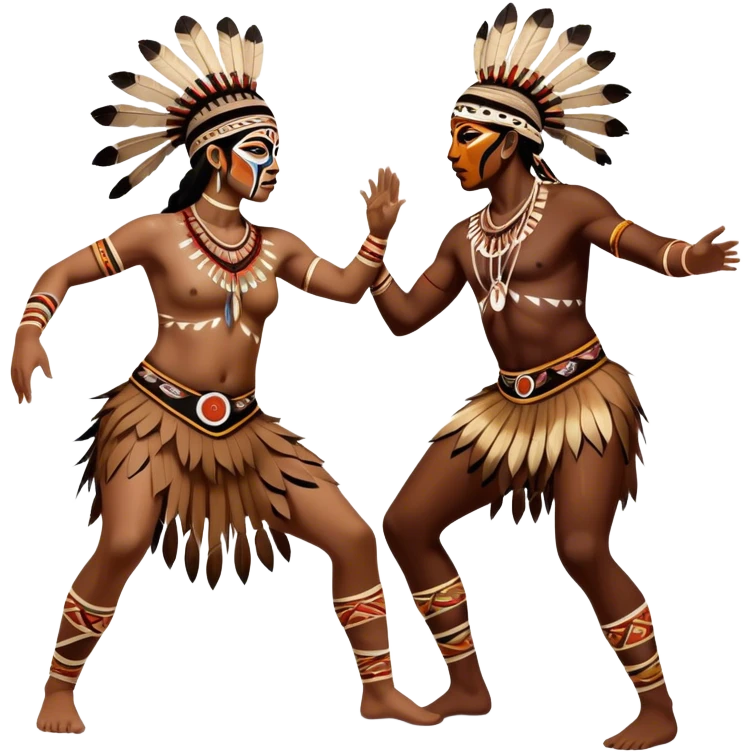 Cinematic Realistic scene of two indigenous dancers performing an Aboriginal Corroboree, adorned in intricate traditional body paint and ceremonial attire, captured in fluid motion with earthy tones and vibrant, cultural lighting emoji