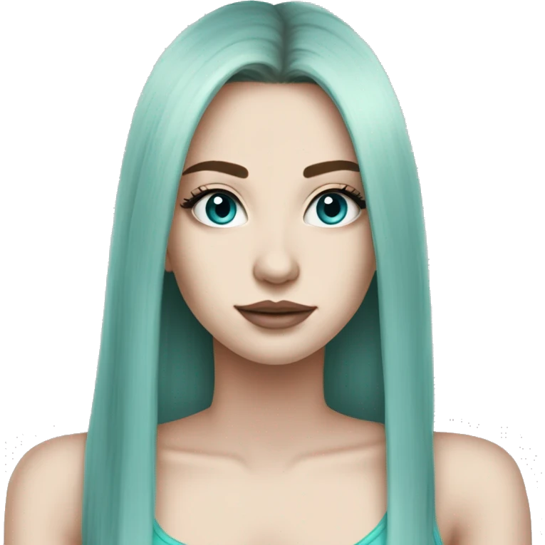 Cute girl, pale skin, big lips, straight hair, long hair, lack hair, big lashes, cyan tank top, long hair emoji emoji