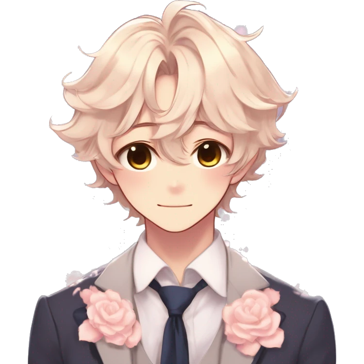 Gorgeous romantic hot attractive anime style formal modern gentlemanly anime shojo guy with pretty hair and flower petals and blushing face aesthetic trending style  pastelcore cottagecore kawaiicore emoji