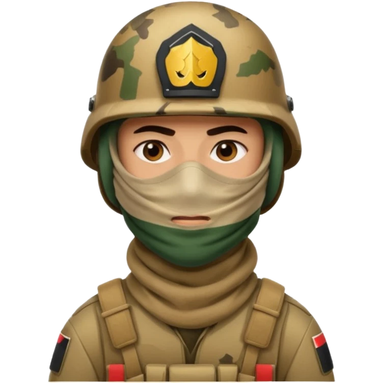 
an Iraqi soldier with a serious face, wearing a helmet and a balaclava covering his mouth emoji