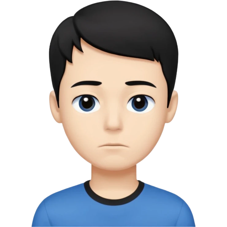 Cute apple emoji-style boy portrait, black hair, blue t-shirt, big black eyes, closed mouth,clean bold lines, flat colors, minimal shading emoji