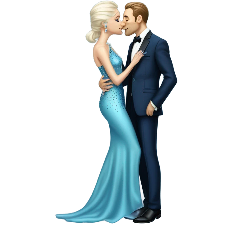 reptilian alien woman, in long slim pastel blue formal party satin dress with gradient shiny sparkling navy blue diamonds embroidered , and caucasian man in black dress kissing emoji