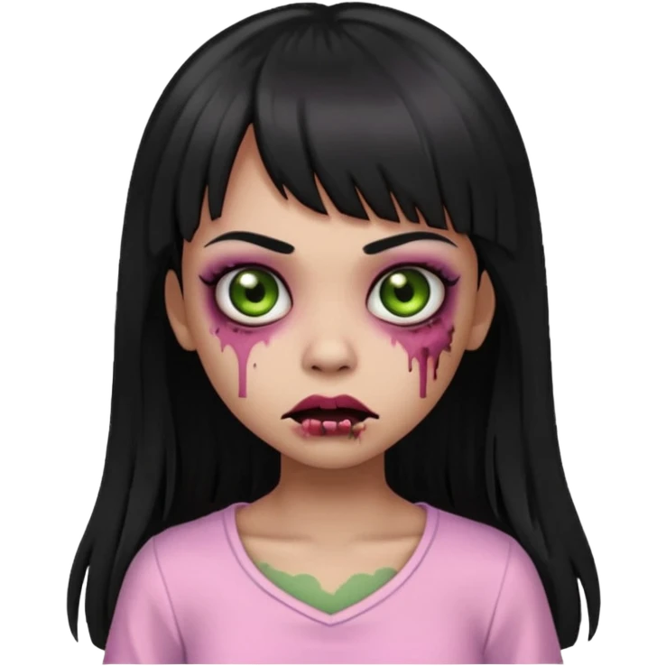 light-skinned Black zombie girl emoji, black eyes, long black hair with bangs, light pink blouse, greenish zombie skin emoji