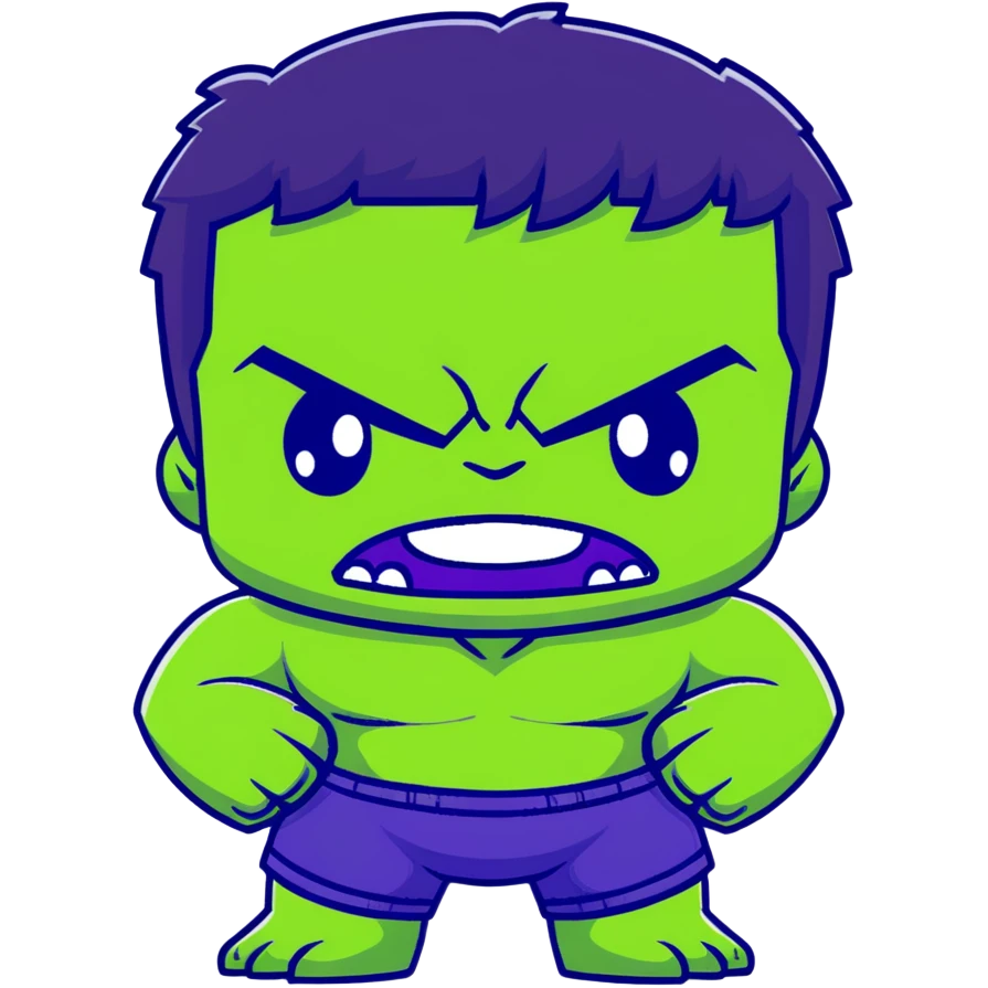 Chibi Hulk, cute small proportions, big head, tiny body, adorable angry expression, green skin, purple shorts emoji