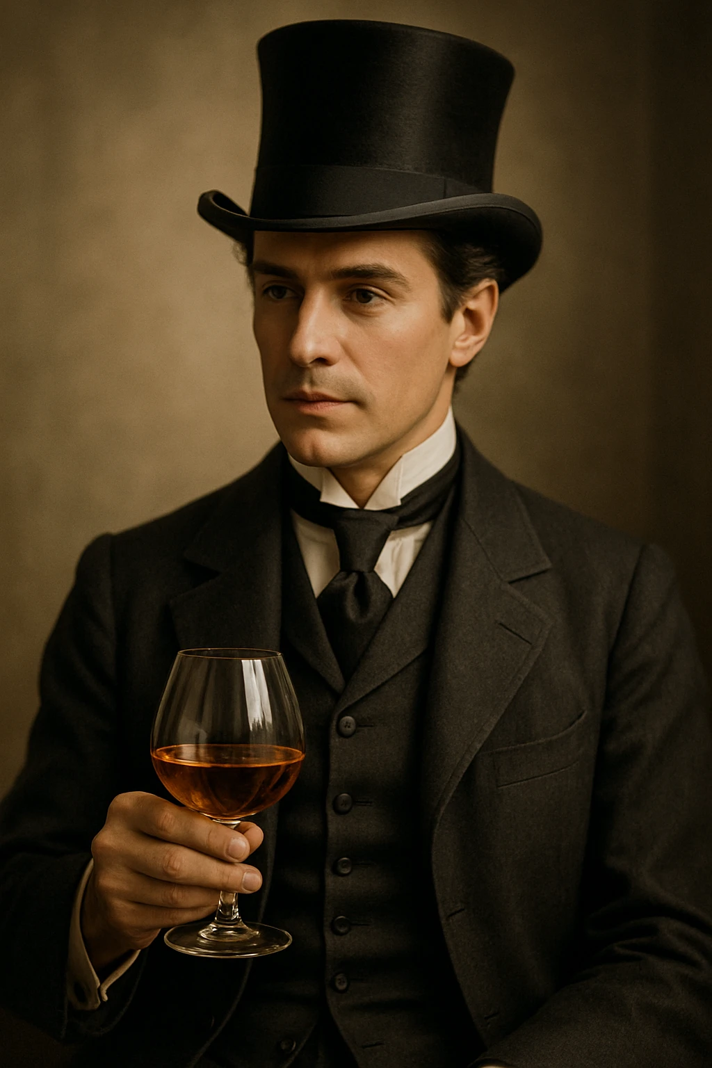 A man with a top hat holding a glass of brandy emoji