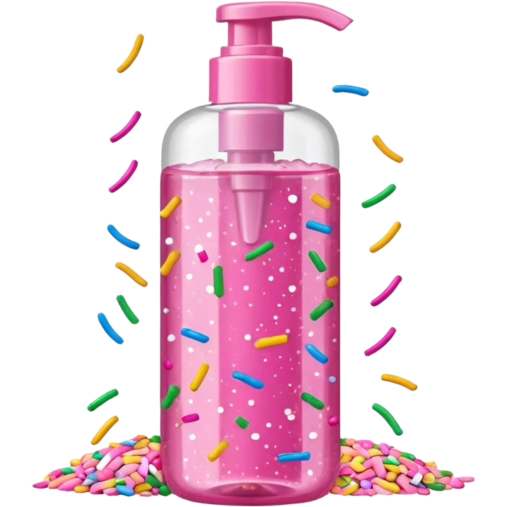 Pink shower gel light pink bottle with sprinkles and confeti on the bottle with a flip cap emoji