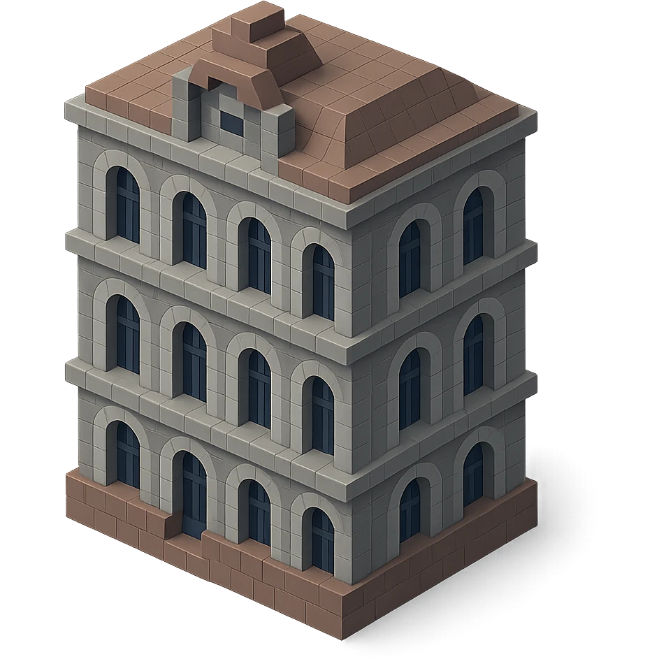 old Saint Petersburg building in voxel style, muted gray and brown colors, tall arched windows, isometric view emoji