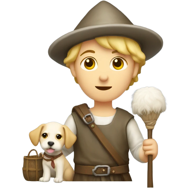 young medieval pilgrim with bag, staff, hat and blond hair and white little dog emoji