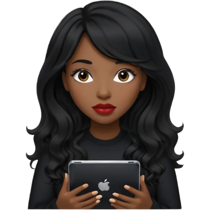 A young woman with long black hair, a wavy frange falling on half of her head.  She's black, medium to dark skinned with thick lips. She's holding an iPad, but she's wearing black casual clothes. she has long eyelashes. emoji