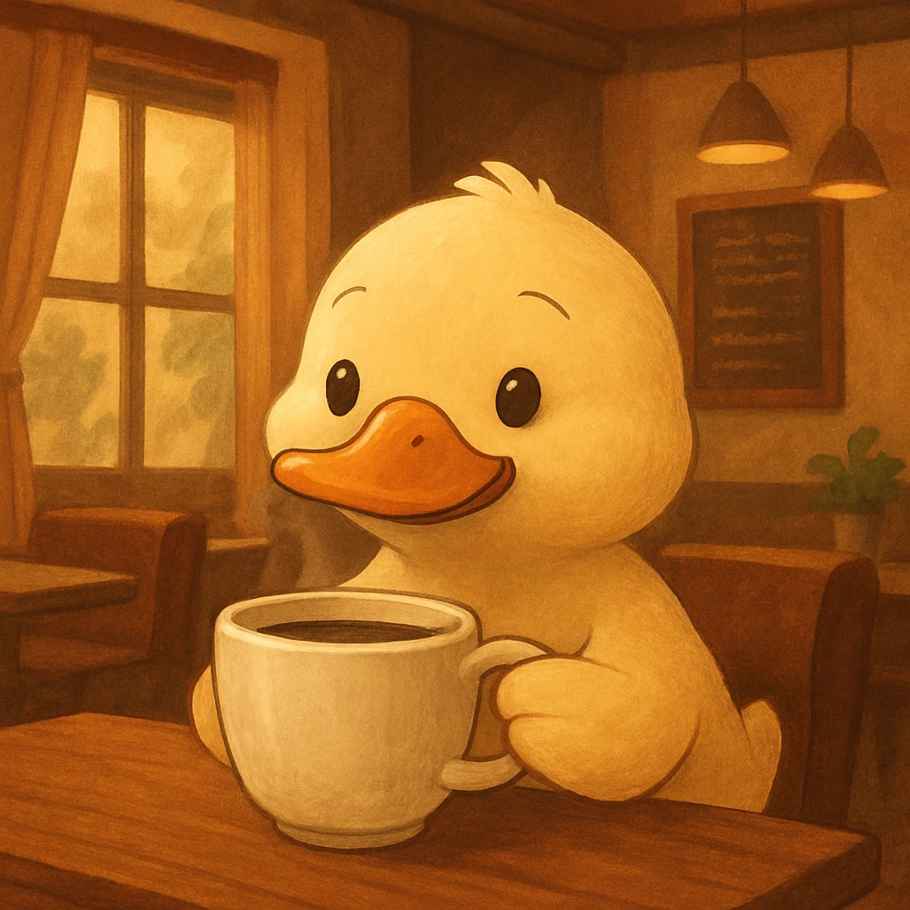 cute duck drinking coffee in a cafe, relaxed atmosphere emoji