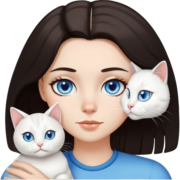 A white girl has black eyes, dark brown mid-length hair, and she has a pet, a white cat with blue eyes emoji