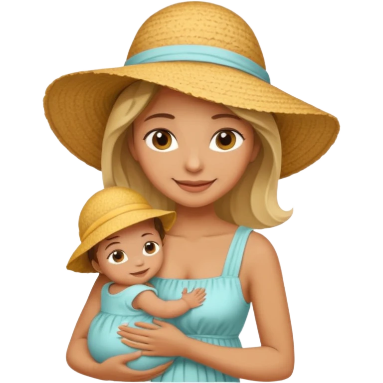 A mom in a sunhat holding her baby gently, wearing a sun-dress while smiling softly. emoji