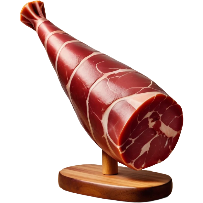 _cinematic-realistic-spanish-ham-leg,-depicted-as-a-massive,-cured-leg-of-jamón-serrano-(ham)-with-a-deep-reddish-brown-hue on the outside,-intricately-marbled-and-slightly-glossy-with-age,-elegantly-displayed-on-a-rustic-wooden-stand-and-bathed-in-warm - jamon prosciutto emoji