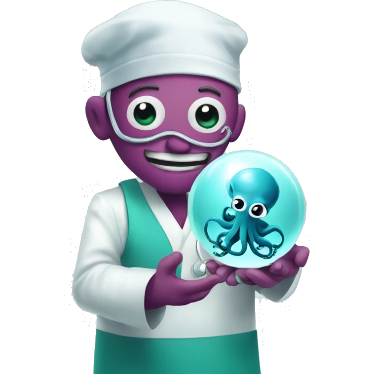 Happy octopus surgeon looking at a crystal ball emoji