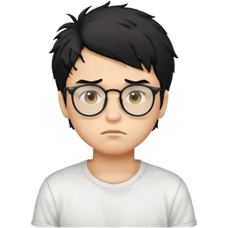 
young boy, 18 years old, messy black hair, glasses, sad face emoji emoji