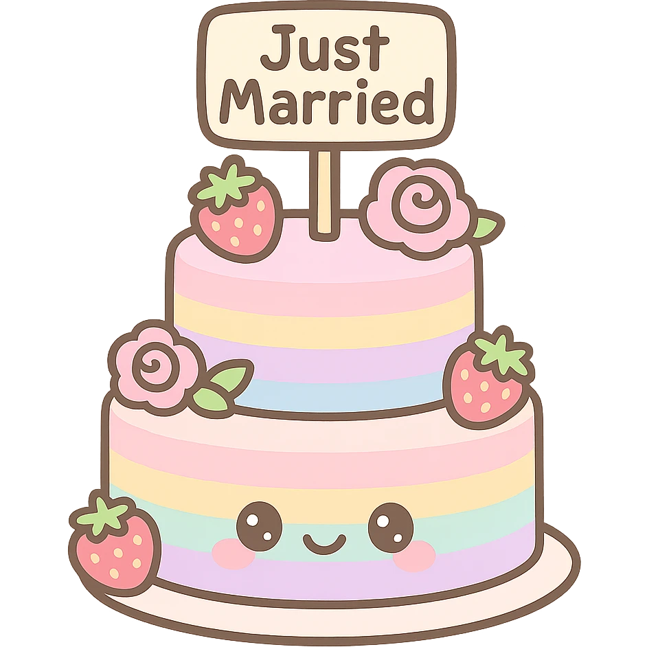 pastel rainbow wedding cake with strawberries, pink roses, 'Just Married' topper, kawaii style emoji