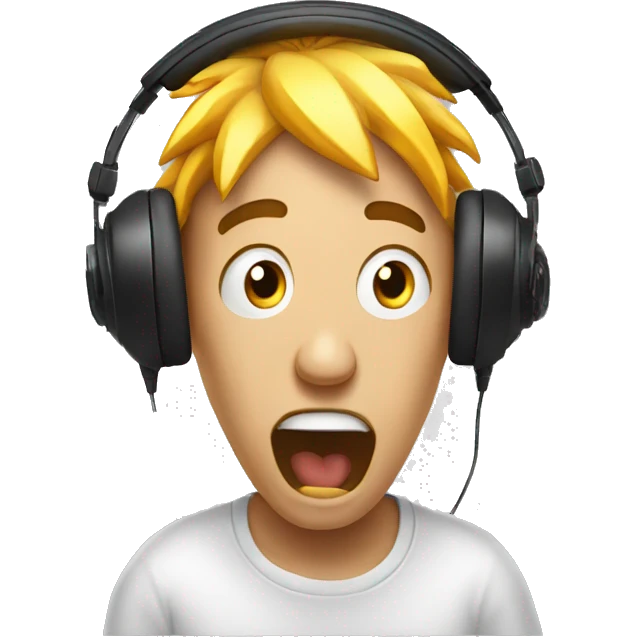 explosion face man wearing headphones, very surprised with wow face, mind blown looking at a computer screen emoji