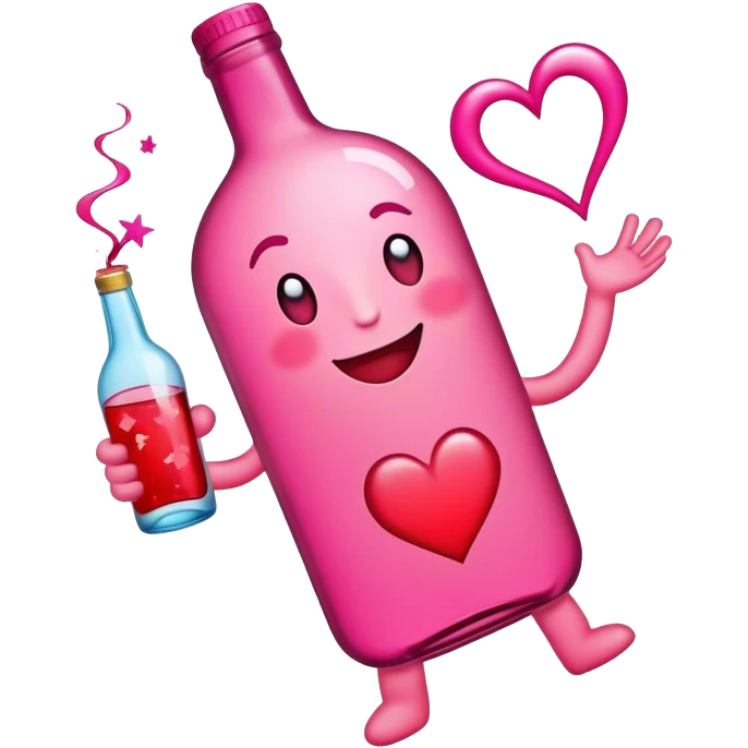A heart emoji with a dizzy, playful expression, holding a bottle of alcohol in one hand, swaying slightly as if tipsy, with swirls or stars around it to symbolize drunkenness emoji
