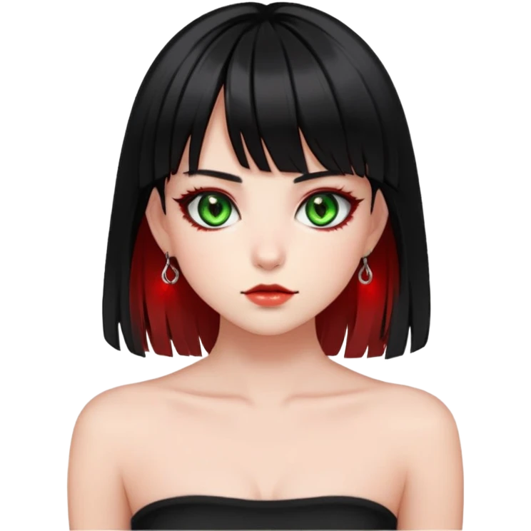 Girl. Green hazel eyes. Black hair with red e-girl bang highlights and red perk-a-boo underlights. Medium long hair. black strapless crop top. Skinny face. emoji