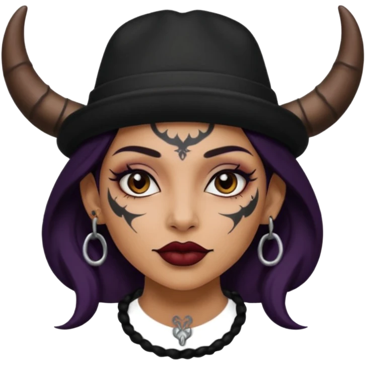 Woman with small horns — black hat, face tattoos emoji