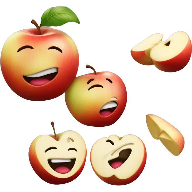 Pomme avec un sourire qui fume et fait signe de allo de la main. Un vers sort de la pomme emoji